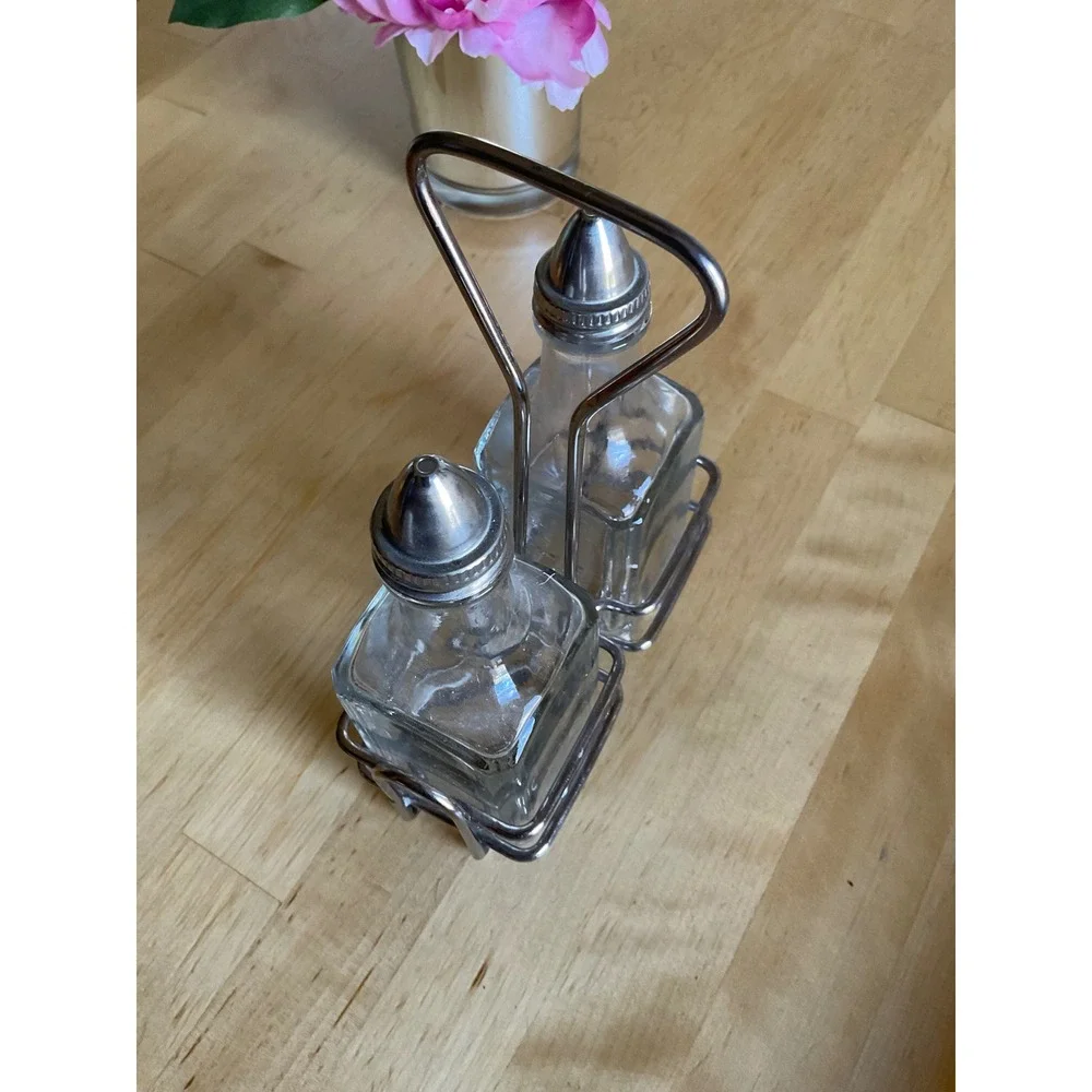 Traex Glass Oil and Vinegar Cruet Set with Chrome Wire Caddy 68020J Clear 3pc
